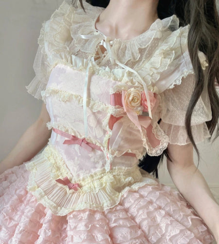 Japanese Lolita Sweet Lace Patchwork Women Blouse Summer Y2k Aesthetic See Through Ruffled Shirt Harajuku Grunge Bandage Blusas