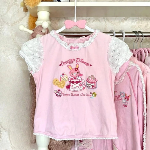 Load image into Gallery viewer, Japanese Kawaii Cartoon Embroidery Y2k Tops Aesthetic Fairy Cute Bow T-shirt Women Harajuku Summer Lace Patchwork Graphic Tees
