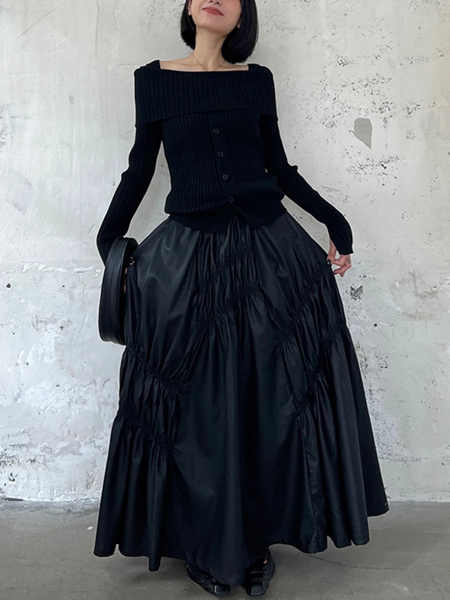 Solid Loose Leather Skirts For Women High Waist Patchwork Folds Irregular Streetwear A Line Skirt Female Fashion