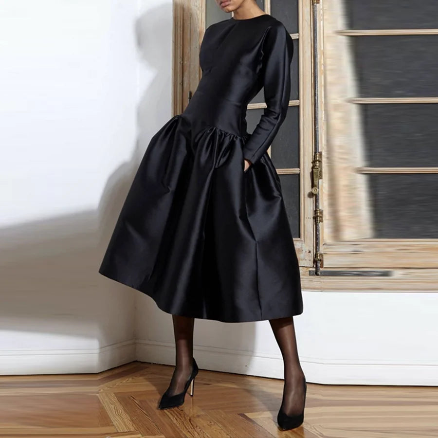 Autumn Party Evening Black Simple Long Dress for Women 2025 Spring New Long Sleeves Female Elegant A-line Midi Dresses