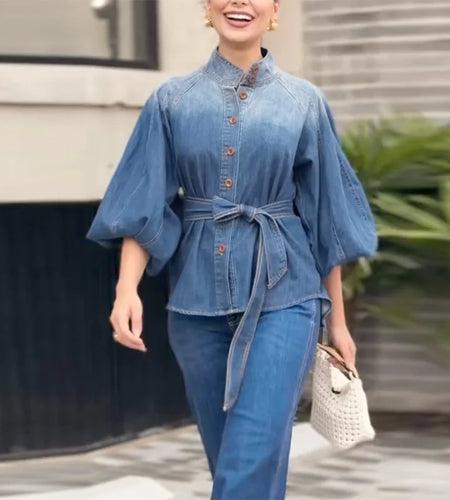 Fashion Tied Waist Blouse for Women Loose Gradient Buttoned Puff Sleeves Stand Collar Shirts Tops Clothes