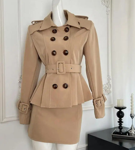 Women New 2024 Spring Autumn Khaki Festival Fashion Temperament Professional Blazer Coat And High Waist Mini Skirt Two Piece Set