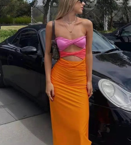 Elegant Patchwork Hollow Out Bodycon Women Dress Summer Contrasting Color Knitted Slim Fit Long Holiday Party Vestidos