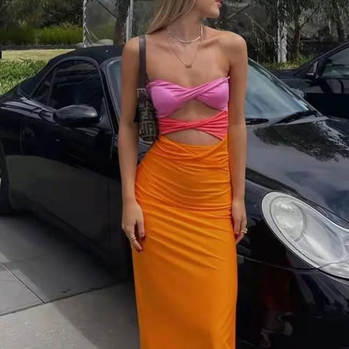 Load image into Gallery viewer, Elegant Patchwork Hollow Out Bodycon Women Dress Summer Contrasting Color Knitted Slim Fit Long Holiday Party Vestidos
