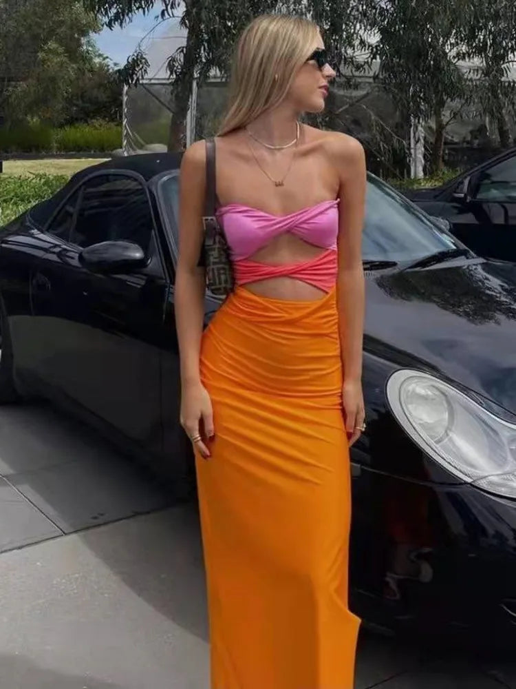 Elegant Patchwork Hollow Out Bodycon Women Dress Summer Contrasting Color Knitted Slim Fit Long Holiday Party Vestidos