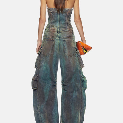Load image into Gallery viewer, Streetwear hit color denim jumpsuits for women strapless sleeveless off shoulder high waist chic jumpsuit female clothes
