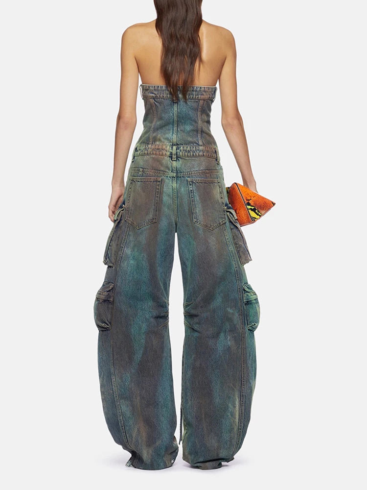 Streetwear hit color denim jumpsuits for women strapless sleeveless off shoulder high waist chic jumpsuit female clothes
