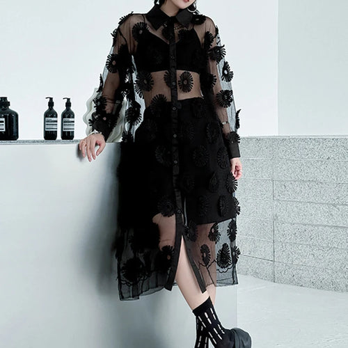 Load image into Gallery viewer, Women Black Mesh Embroidery Perspective Big Size Shirt Dress New Lapel Long Sleeve Fashion Spring Summer 2025 1DJ1154
