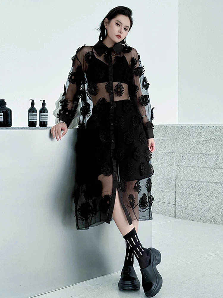 Women Black Mesh Embroidery Perspective Big Size Shirt Dress New Lapel Long Sleeve Fashion Spring Summer 2025 1DJ1154