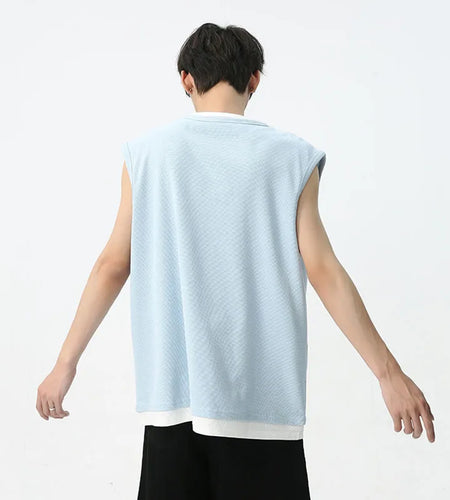 Men's Sleeveless T-shirt Summer Korean Style Version Contrast Color Patchwork Fake Two-piece Casual Male Top C5599
