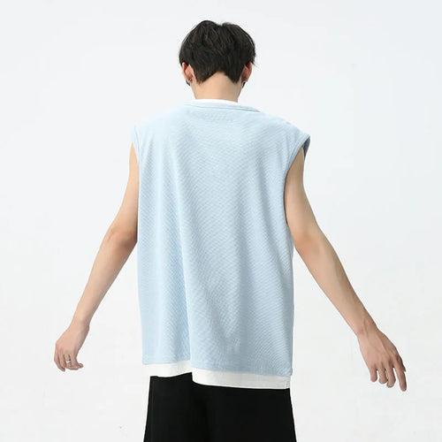 Load image into Gallery viewer, Men&#39;s Sleeveless T-shirt Summer Korean Style Version Contrast Color Patchwork Fake Two-piece Casual Male Top C5599
