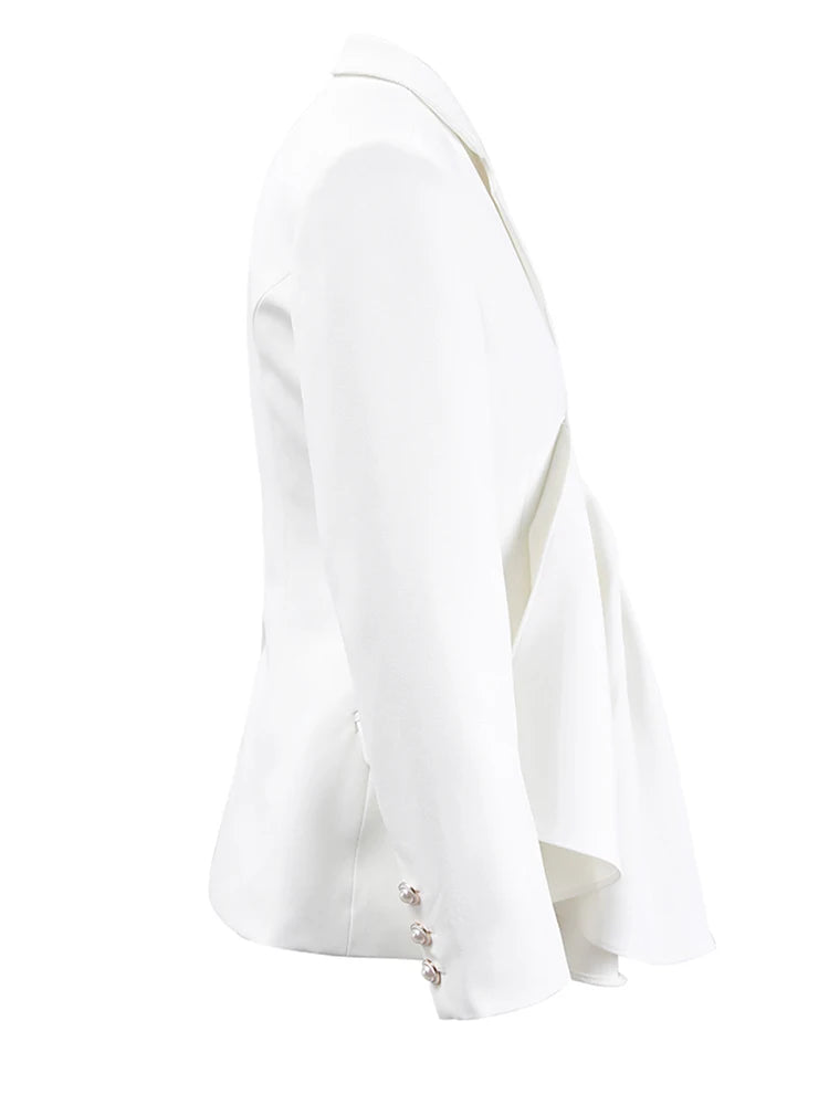 Women White Irregular Pleated Elegant Blazer New Lapel Long Sleeve Jacket Fashion Tide Spring Autumn 2025 CPDB052