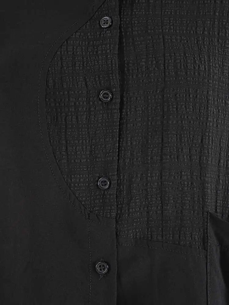 Women Black Pleated Pocket Big Size Casual Blouse New Lapel Long Sleeve Shirt Fashion Tide Spring Autumn 2025 CPG1905