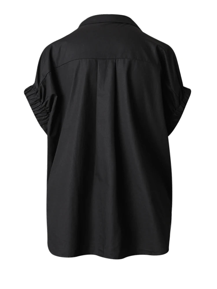 Women Black Colorful Rhinestones Big Size Blouse New Lapel Short Sleeve Shirt Fashion Tide Spring Summer 2025 CPG3228