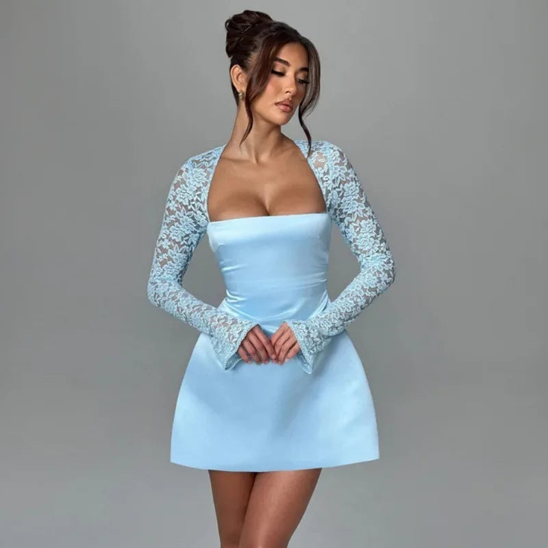 Lace Long Sleeve Sexy Mini Dress For Women Robe Square Collar Backless A-line High Waist Club Party Sexy Dress Fashion
