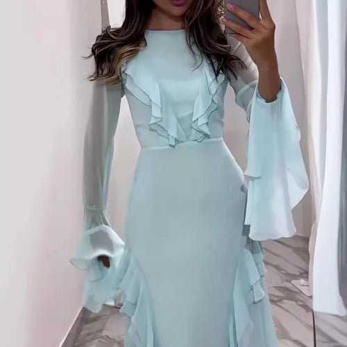 Load image into Gallery viewer, Elegant Long Sleeved Ruffled Bodycon Women Dress Fall 2024 New Mesh Hollow Out Evening Dress Slim Fit Party Club Vestidos
