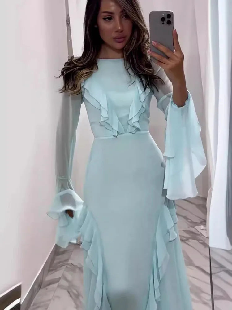 Elegant Long Sleeved Ruffled Bodycon Women Dress Fall 2024 New Mesh Hollow Out Evening Dress Slim Fit Party Club Vestidos