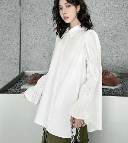 Women White Big Size Casual Blouse New Lapel Long Lantern Sleeve Pleated Shirt Fashion Tide Spring Autumn 2025 1DH4459
