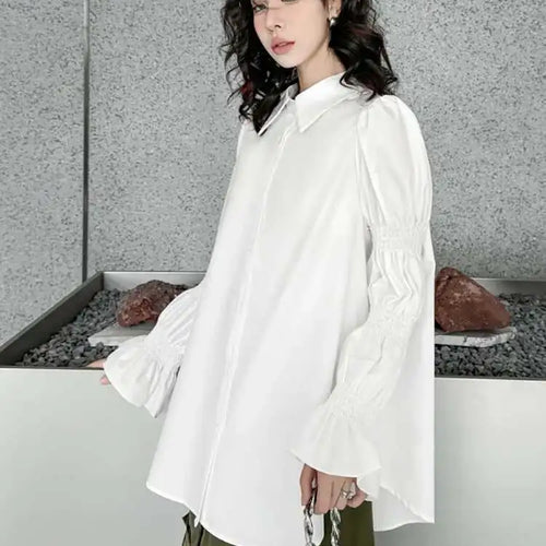 Load image into Gallery viewer, Women White Big Size Casual Blouse New Lapel Long Lantern Sleeve Pleated Shirt Fashion Tide Spring Autumn 2025 1DH4459

