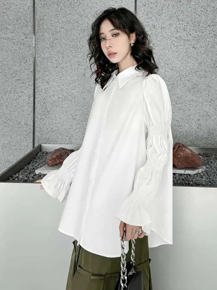 Women White Big Size Casual Blouse New Lapel Long Lantern Sleeve Pleated Shirt Fashion Tide Spring Autumn 2025 1DH4459