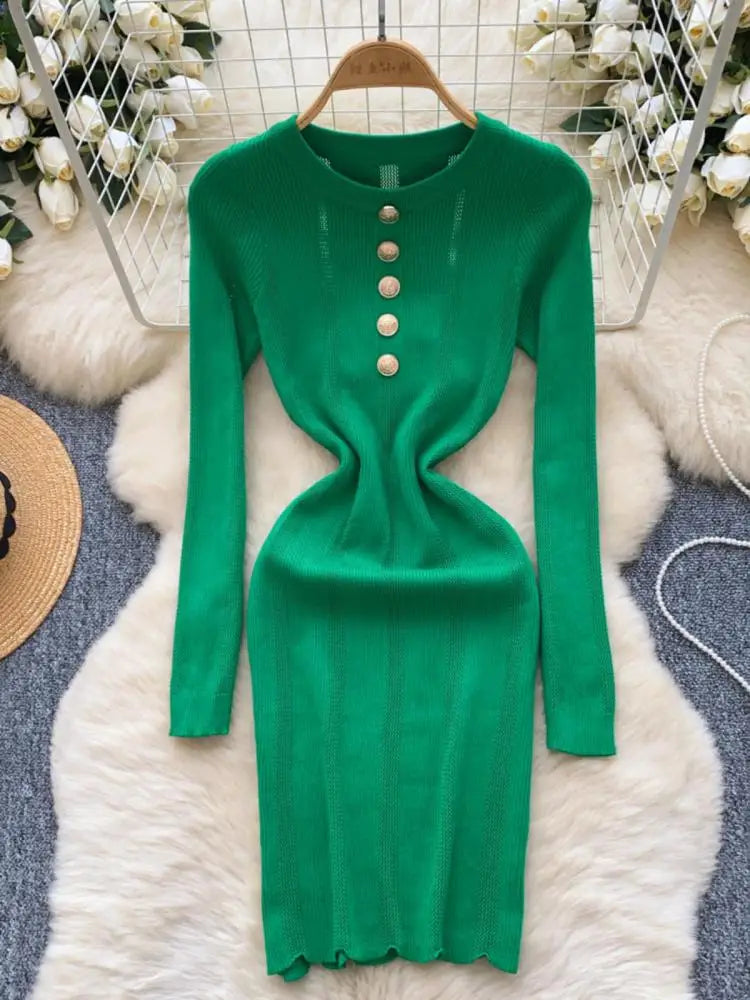 Retro 2024 Autumn Winter New Solid Long Sleeves Mini Dress Women's Elegant Office Lady Button Short Knit Dress Popular Clothing