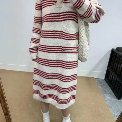 Load image into Gallery viewer, Autumn Winter Striped Hooded Long Sleeved Sweater Long Dresses Korean Fashion Women's Single Breasted Knitted Loose Dress Casual
