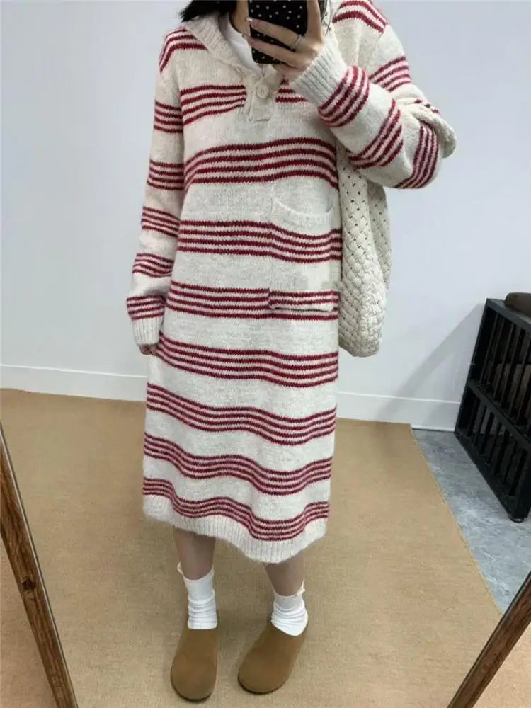 Autumn Winter Striped Hooded Long Sleeved Sweater Long Dresses Korean Fashion Women's Single Breasted Knitted Loose Dress Casual