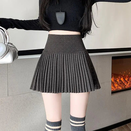 Load image into Gallery viewer, Black Blue Diamond High Waist Slim Pleated Woolen Mini Skirts Women Autumn Winter Brown Festival Half Short Skirt College Style
