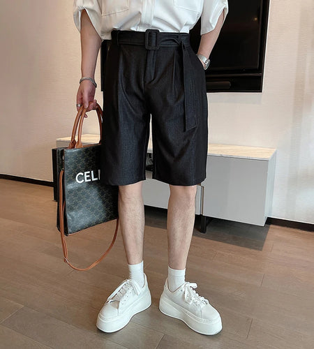 Trendy Men's Shorts Lace-up Solid Color Male Bottoms Pocket 2024 Summer Loose Temperament Knee-length  9C6440