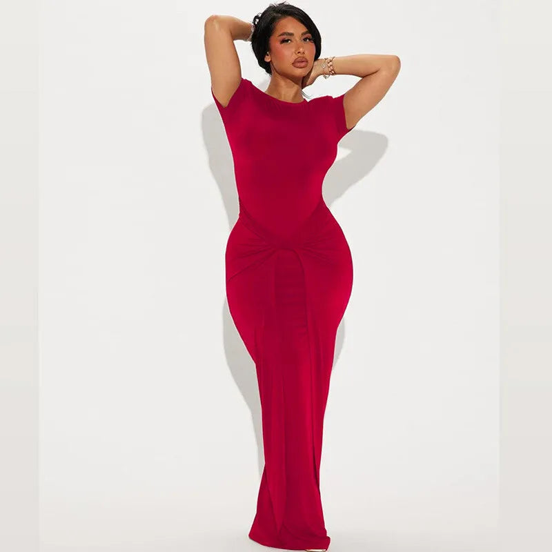 Short Sleeve Ruched Sexy Maxi Dress For Women Fashion Summer New Solid High Waist Slim Fit Elegant Long Dress Vestido