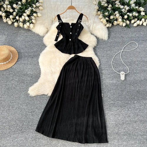 Load image into Gallery viewer, Summer Two Pieces Set Women Solid Sexy Club Elegant Button Backless Short Slip Tops And High Waist Pleated Long Skirt Suit Korea
