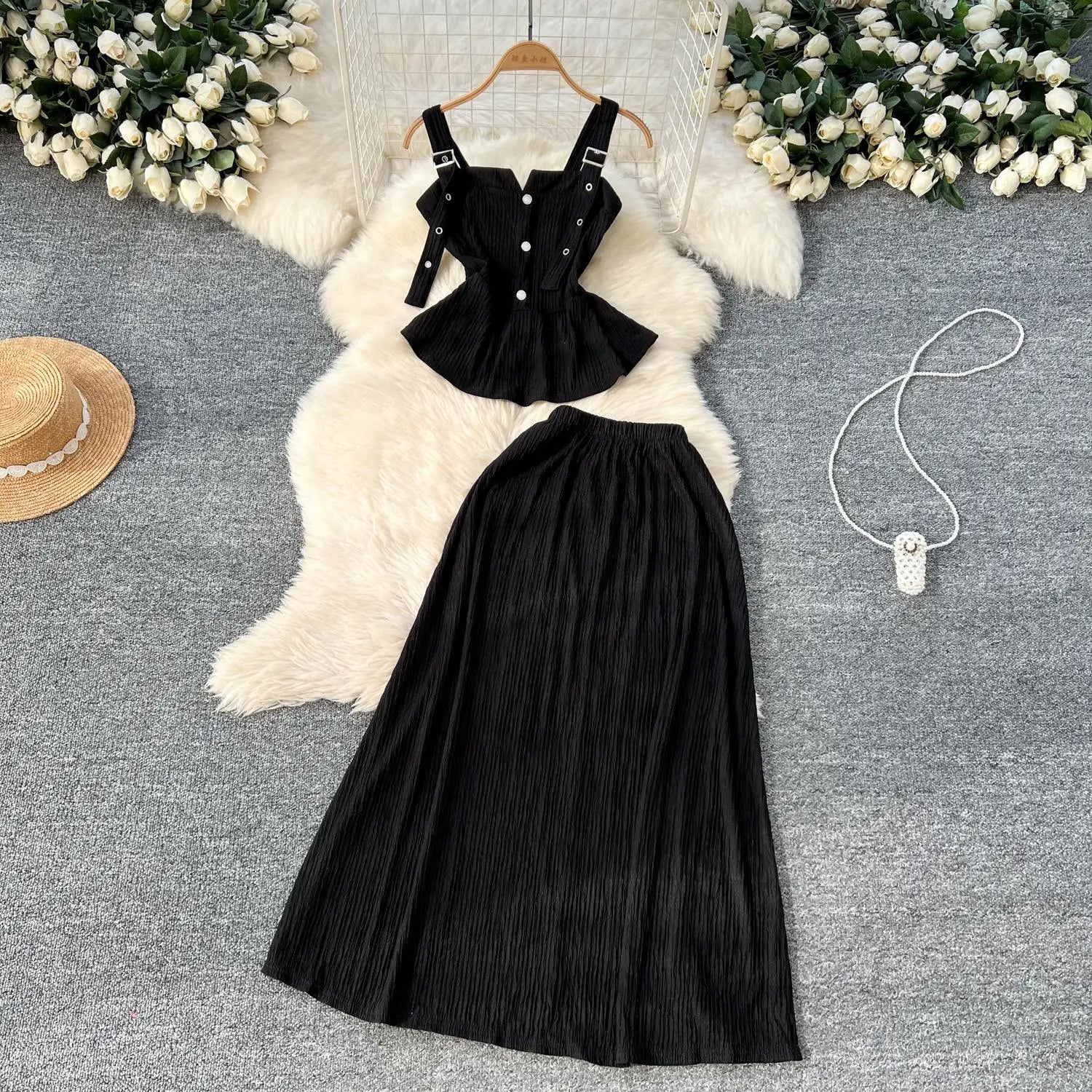 Summer Two Pieces Set Women Solid Sexy Club Elegant Button Backless Short Slip Tops And High Waist Pleated Long Skirt Suit Korea