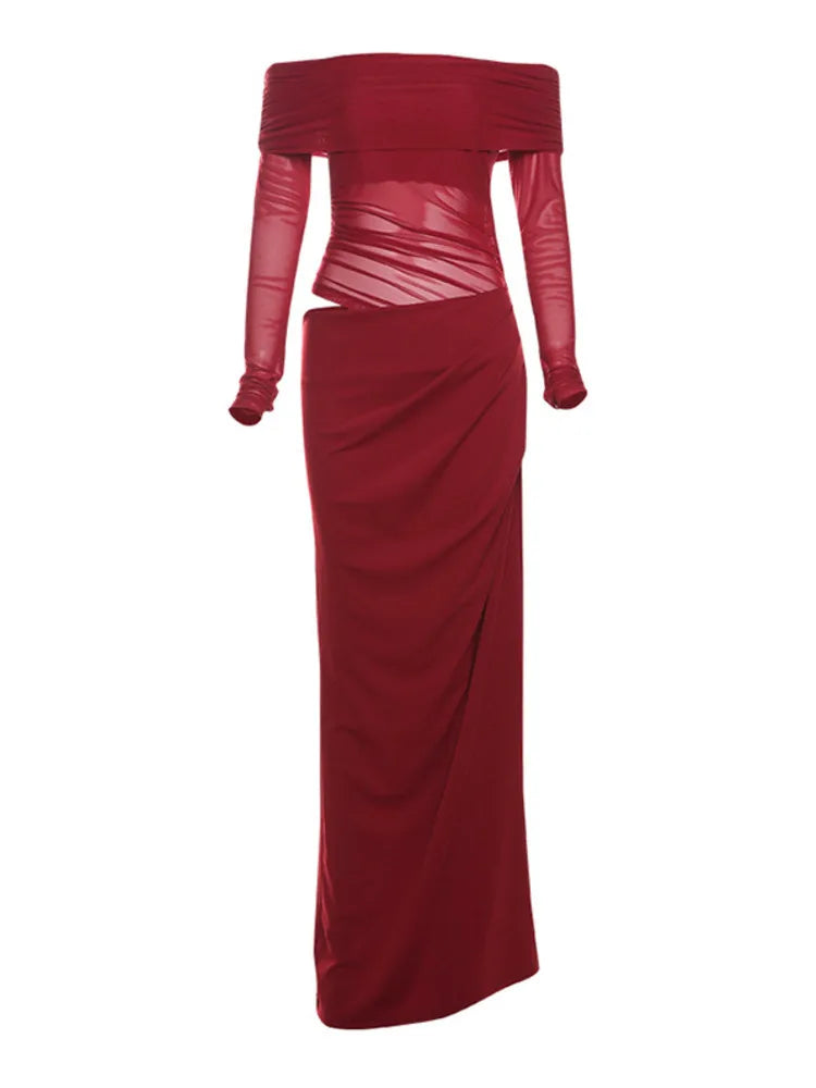 Elegant Mesh Patchwork One Shoulder Dress For Women 2025 New Women Sexy Mesh Perspective Long Dress Party Evening Dress