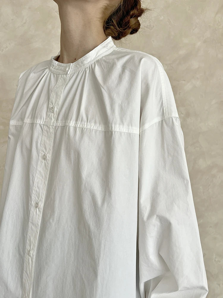 Women White Elegant Big Size Blouse New Stand Collar Long Lantern Sleeve Shirt Fashion Tide Spring Autumn 2025 1DH9280