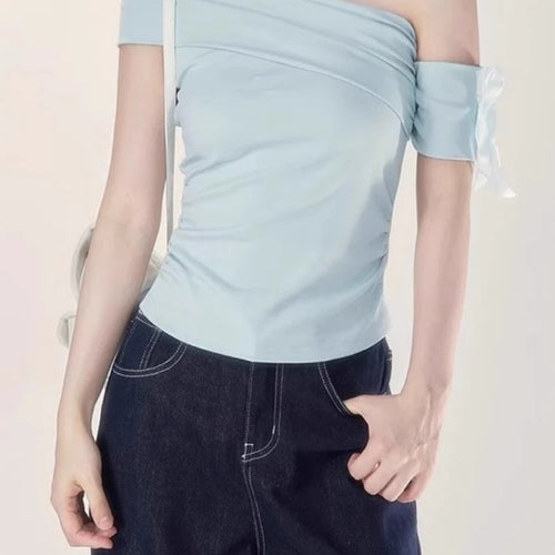 Load image into Gallery viewer, Women Vintage Skew Collar Cropped Tees Y2k Aesthetic Summer Bodycon Pleated T Shirts 2025 Harajuku Fairy Solid Bow Grunge Tops
