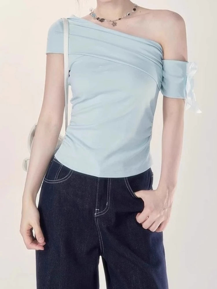 Women Vintage Skew Collar Cropped Tees Y2k Aesthetic Summer Bodycon Pleated T Shirts 2025 Harajuku Fairy Solid Bow Grunge Tops