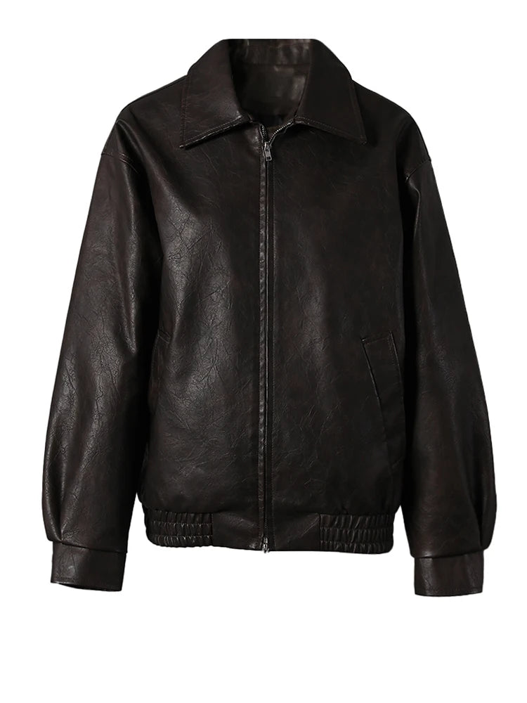 Brown Casual Big Size Vintage PU Leather Jacket New Lapel Long Sleeve Women Coat Fashion Tide Spring Autumn 2025 9C5013
