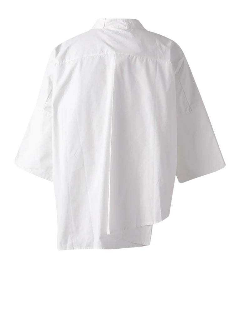 Women White Irregular Hem Pocket Big Size Blouse New Lapel Half Sleeve Shirt Fashion Tide Spring Summer 2025 CPG3166