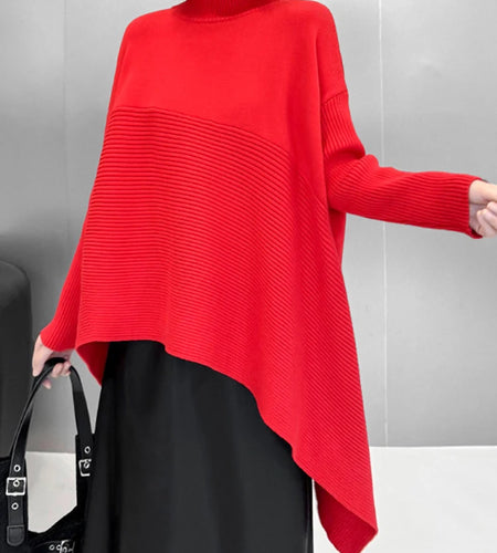 Red Irregular Big Size Knitting Sweater Turtleneck Long Sleeve Women Pullovers New Fashion Tide Spring Autumn 2025 1DH9445