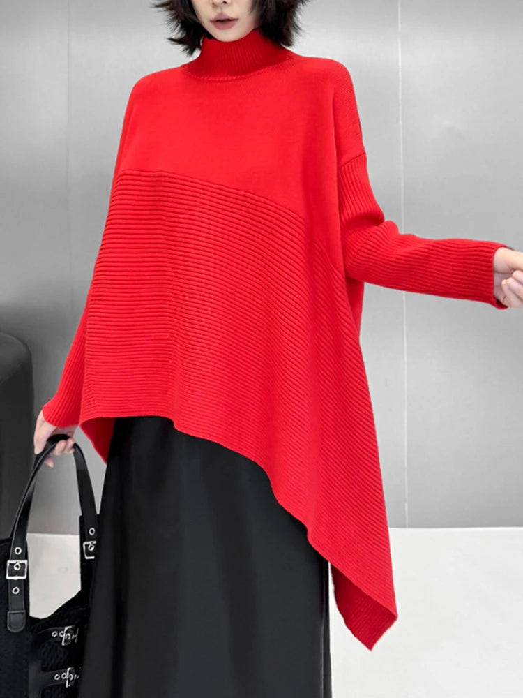 Red Irregular Big Size Knitting Sweater Turtleneck Long Sleeve Women Pullovers New Fashion Tide Spring Autumn 2025 1DH9445
