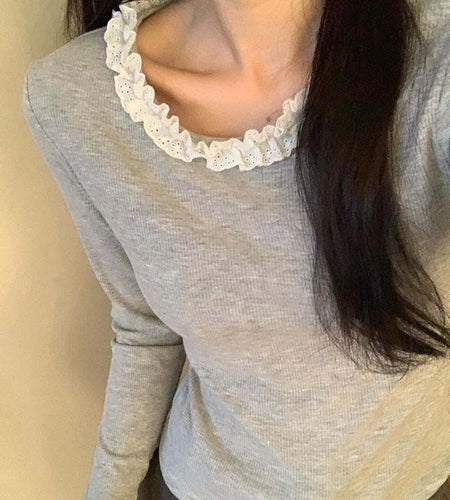 y2k Tops Women Aesthetic Clothes Lace Trim Round Neck Long Sleeve Ribbed T Shirt Spring Fall Clothing 2000s Streetwear