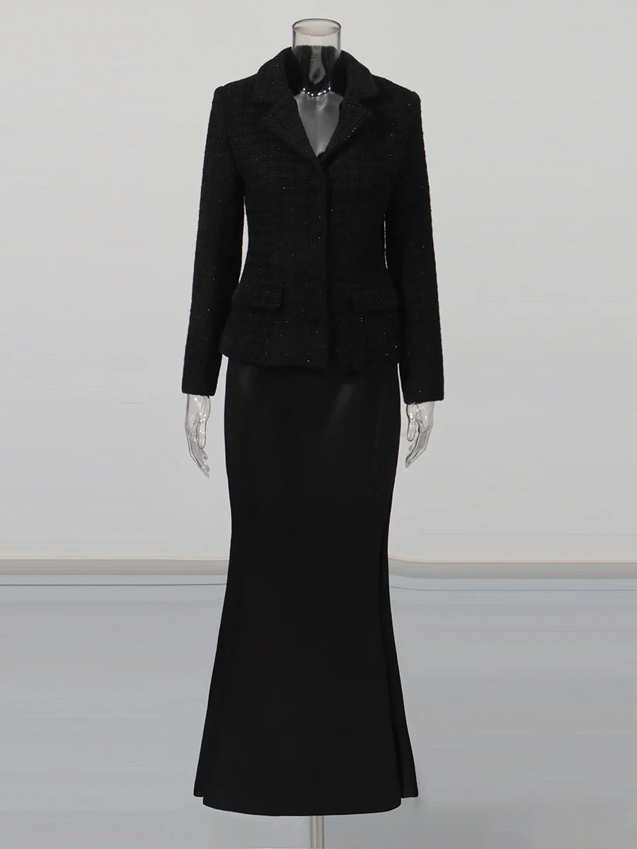 Slimming Elegant Two Piece Sets for Women Lapel Long Sleeves Tunic Spliced Buttons Top High Waist Skirt Set Female