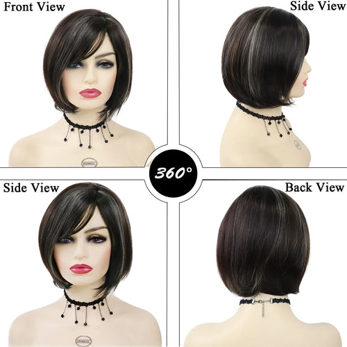 Load image into Gallery viewer, Synthetic Short Bob Wig with Bangs for Women Mix Brown Wigs Highlights Hairstyles Cute Bobs Haircut Mommy Wig Lady Hair
