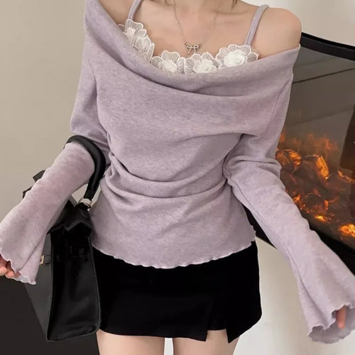 Load image into Gallery viewer, Korean Chic Lace Flower Patchwork T-Shirt Fashion Fairy Gentle Knitted Y2k Top Sweet Pleated Casual Grunge Tee Femme Streetwear
