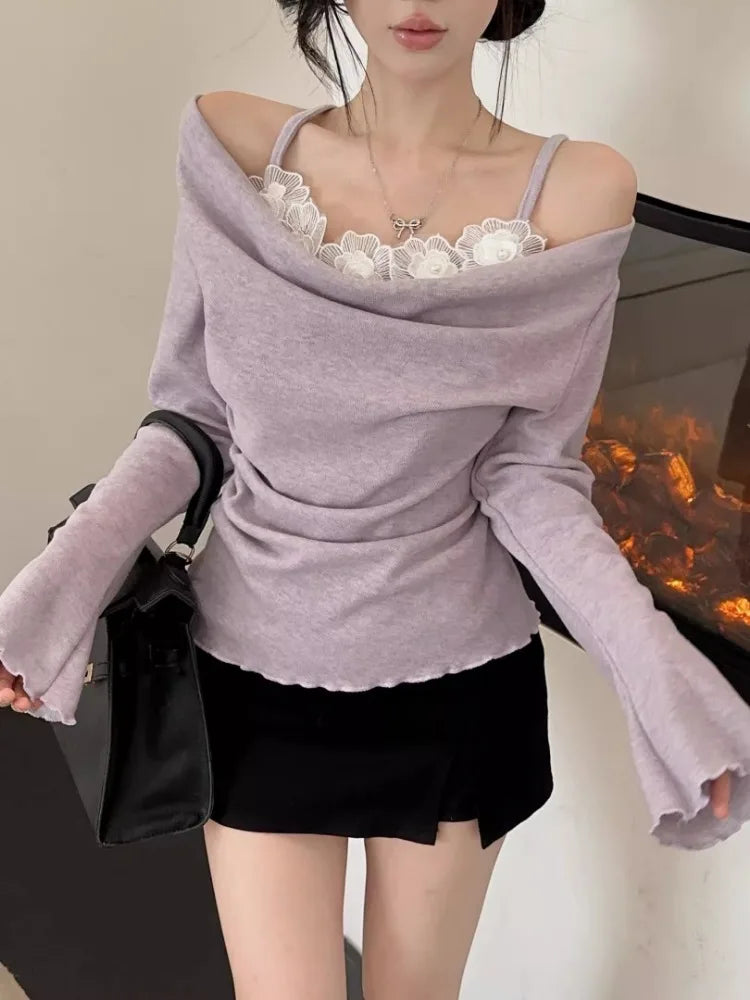 Korean Chic Lace Flower Patchwork T-Shirt Fashion Fairy Gentle Knitted Y2k Top Sweet Pleated Casual Grunge Tee Femme Streetwear