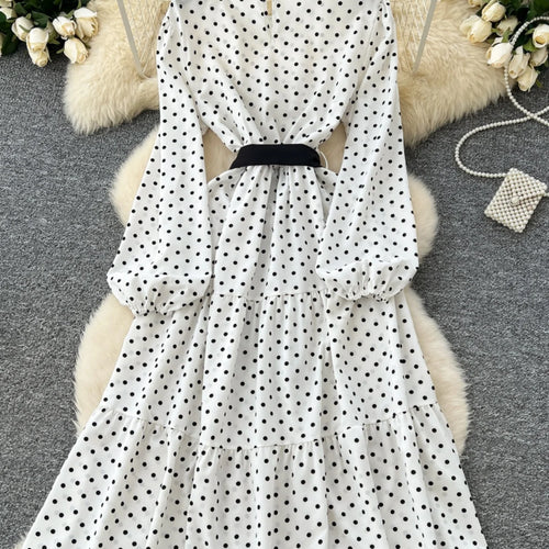 Load image into Gallery viewer, French Retro 2025 Spring New White Polka Dot Elegant Long Sleeves Bow Dress Women Round Neck Vacation Party Pleated Dress Trendy
