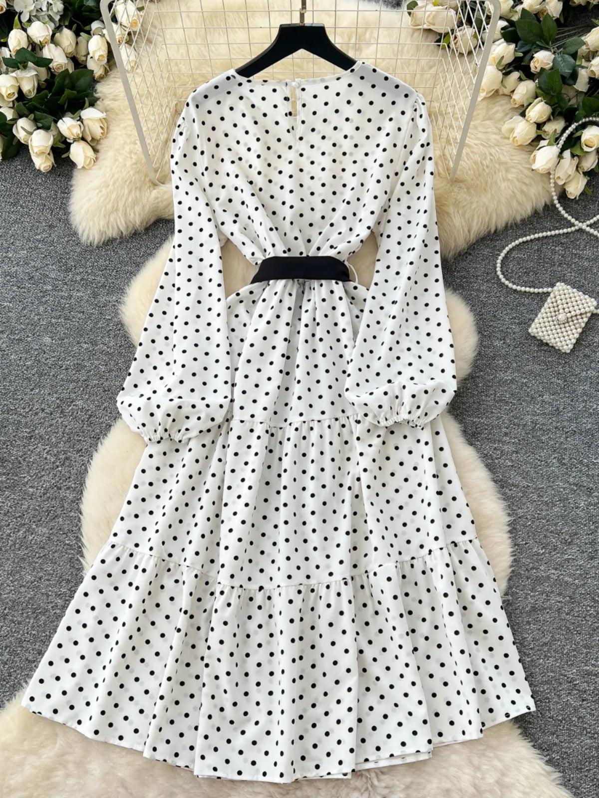 French Retro 2025 Spring New White Polka Dot Elegant Long Sleeves Bow Dress Women Round Neck Vacation Party Pleated Dress Trendy