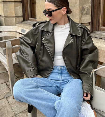 Spring Autumn Women Faux Pu Leather Short Jacket with Belt Motorcycle Biker Female Zipper Lapel Loose Coat Outwear