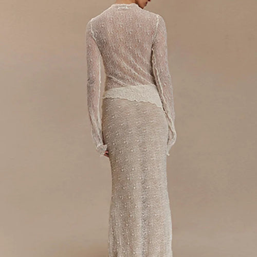 Load image into Gallery viewer, Fashion Lace Long Sleeved Round Neck Top Skirt Two-piece Set For Women 2024 Autumn Winter New Transparent T-shirt Set
