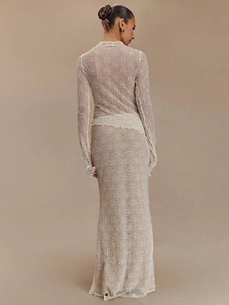 Fashion Lace Long Sleeved Round Neck Top Skirt Two-piece Set For Women 2024 Autumn Winter New Transparent T-shirt Set